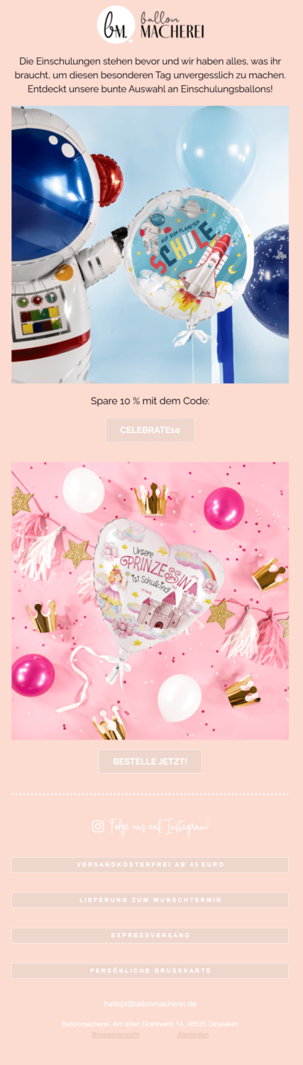Sommerliches Newsletter-Beispiel zur Einschulung von Ballonmacherei