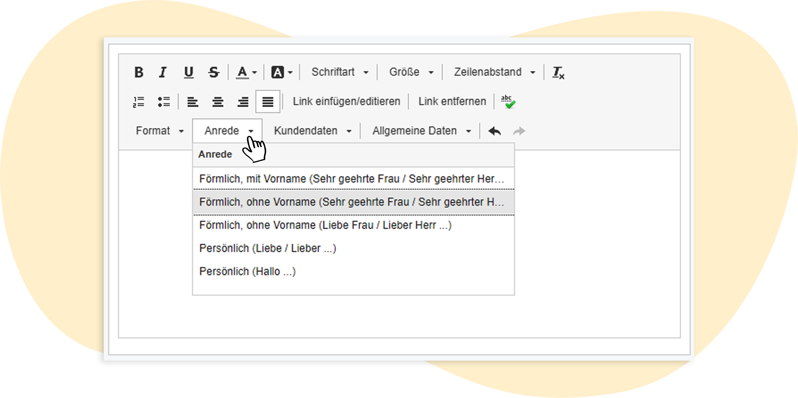 Auswahloptionen für die personalisierte Anrede im rapidmail Mailing-Editor