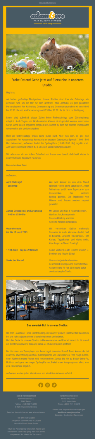 Fitness-Newsletter-Beispiel zu einer Osteraktion des Fitnessstudios adam&eve