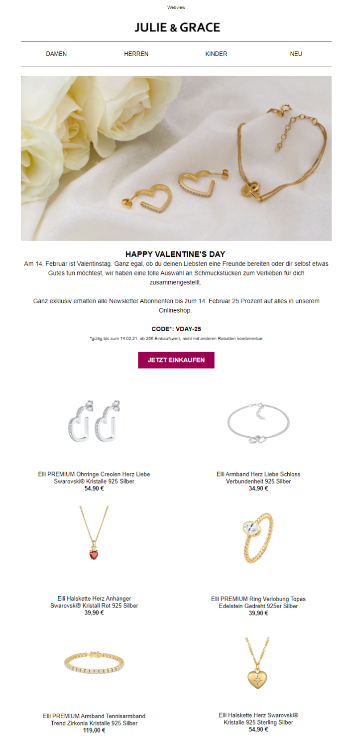 Newsletter-Beispiel Valentinstag Julie&Grace