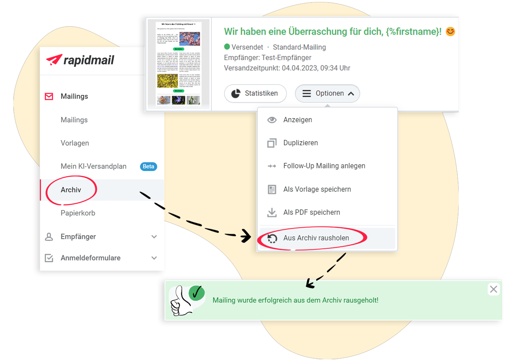 Ein Mailing zurück aus dem Archiv in die Mailingübersicht verschieben