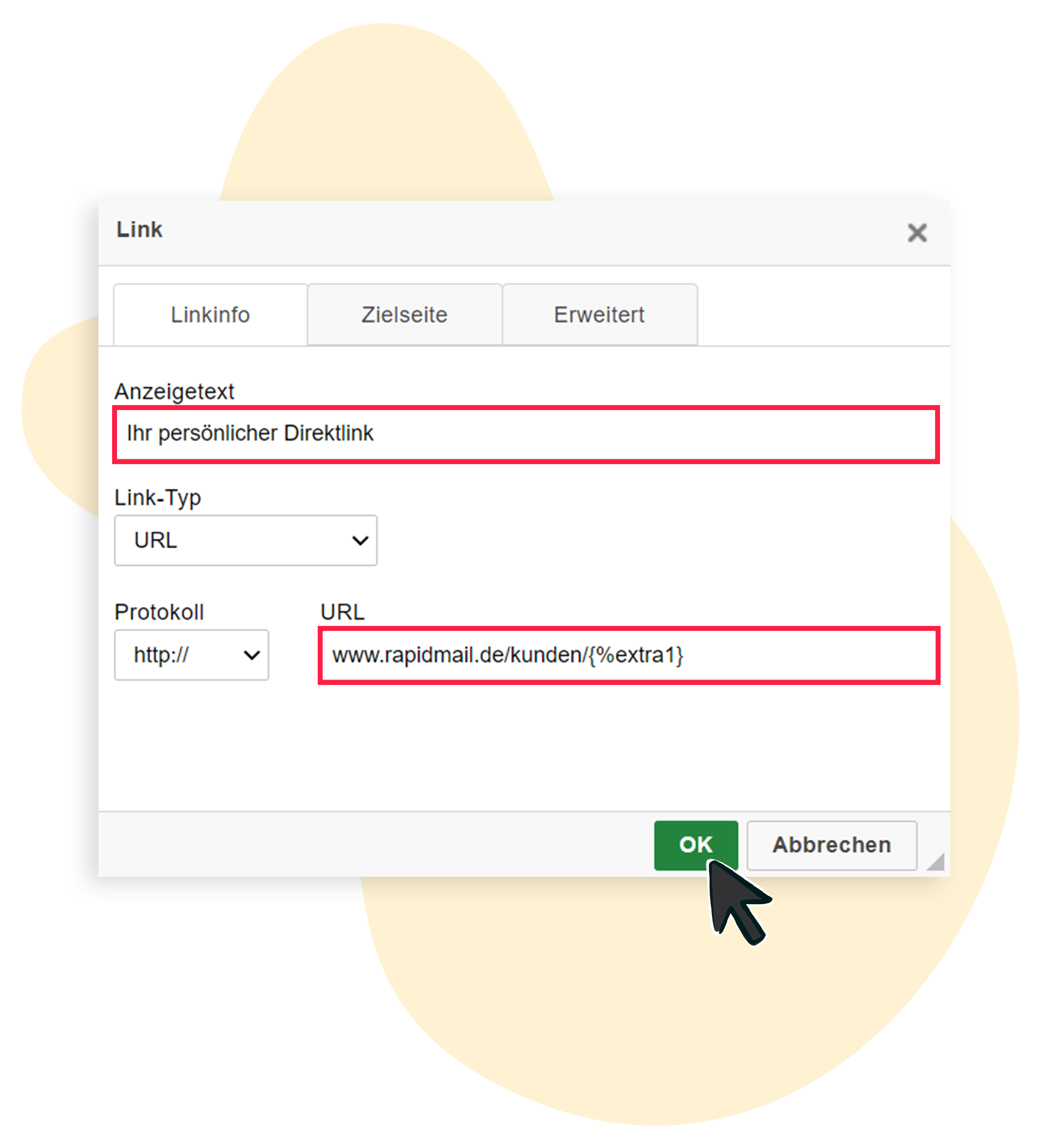 Anzeigetext und URL für den personalisierten Link bearbeiten