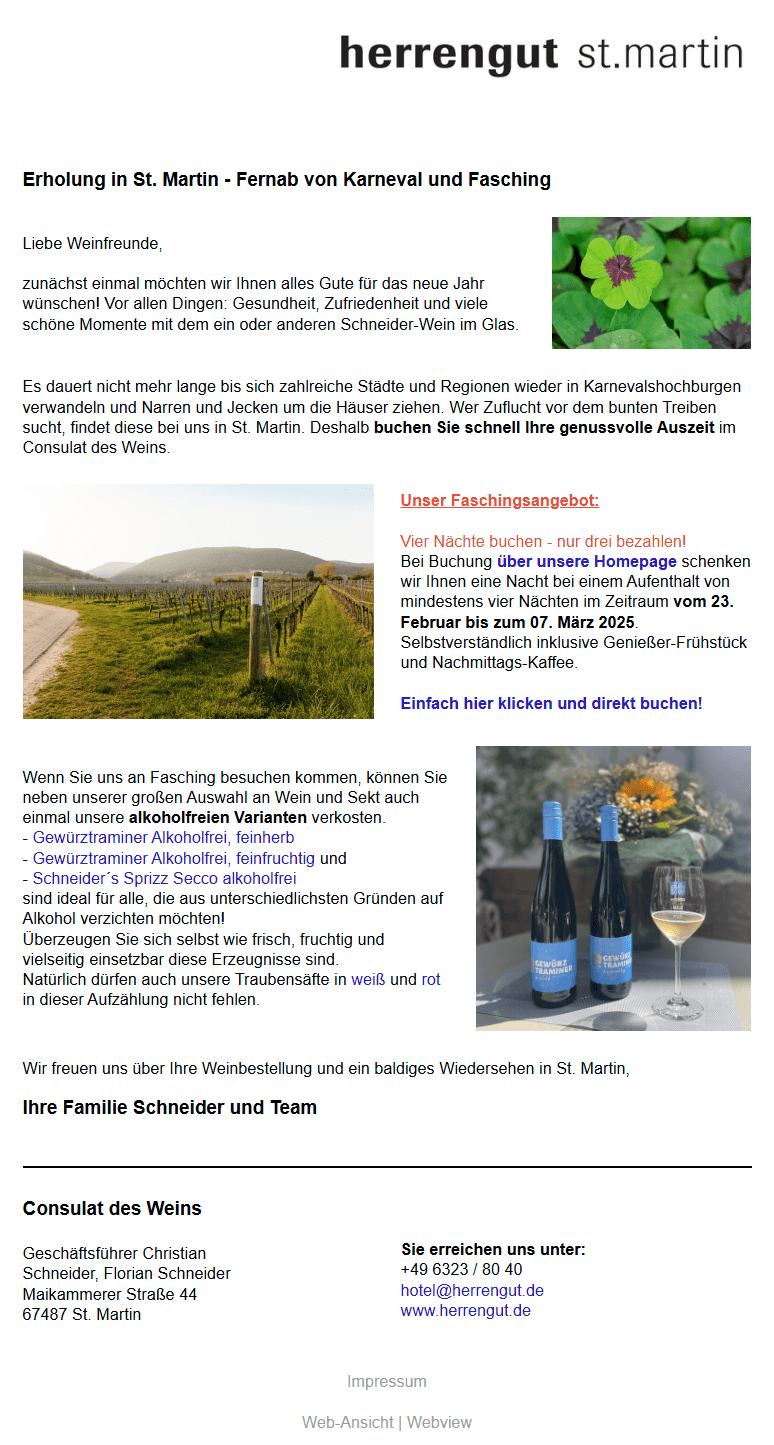 Beispiel für Faschings-E-Mail-Marketing des Herrenguts Sankt Martin mit touristischem Angebot