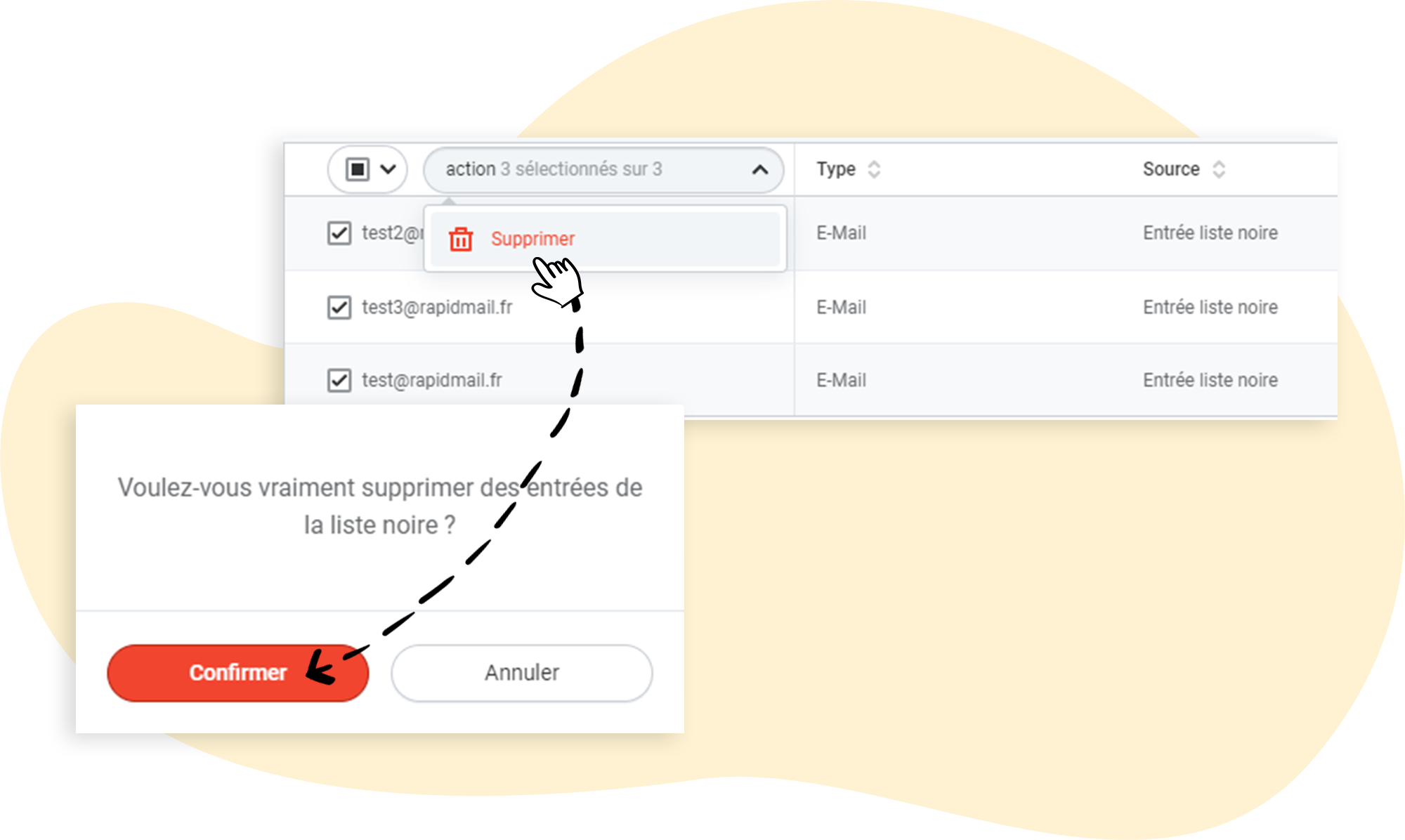 Supprimer plussieurs contacts de la liste noire rapidmail