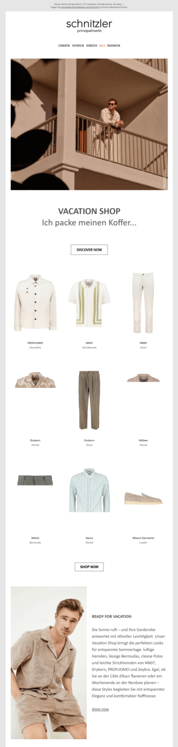 Newsletter-Beispiel für den Sommer von Schnitzler Prinzipalmarkt mit einer Koffer-Packliste