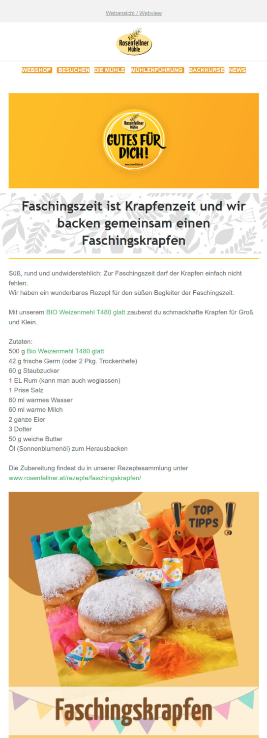 Beispiel eines Faschings-Newsletters der Rosenfellner Mühle mit Faschingskrapfen-Rezept