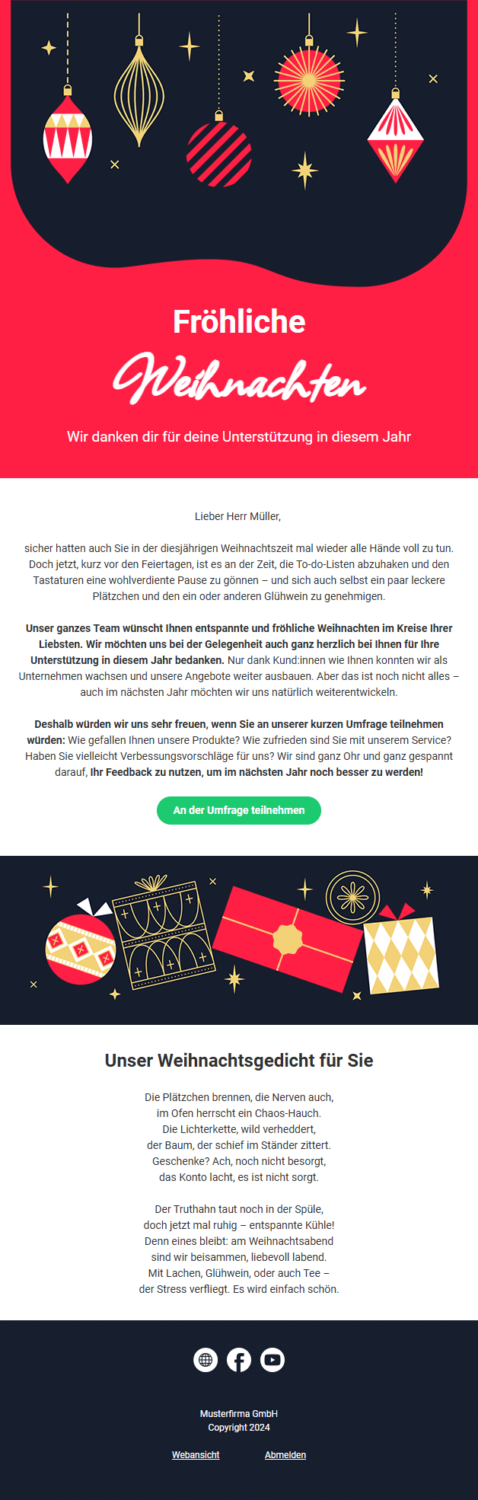 E-Mail-Beispiel zum Frohe-Weihnachten-Wünschen inklusive einer Feedback-Umfrage