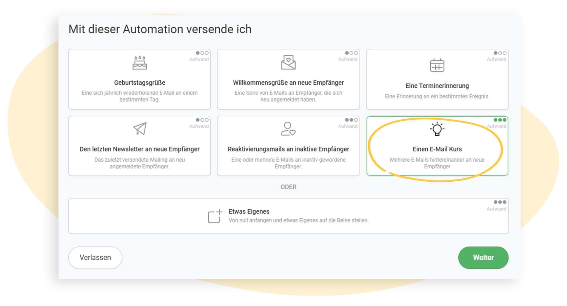 Auswahlseite der Use Cases: Einen E-Mail-Kurs