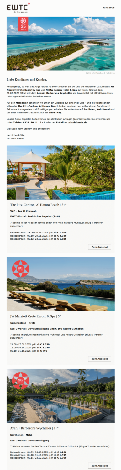 Sommer-Newsletter von EWTC Reisen mit Angeboten für den Sommerurlaub