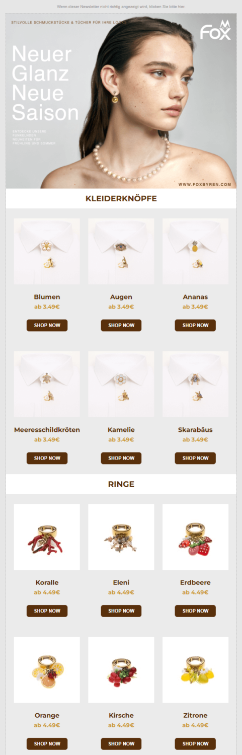 Sommer-Newsletter-Beispiel von Fox by Ren mit Schmuckstücken in Fruchtform