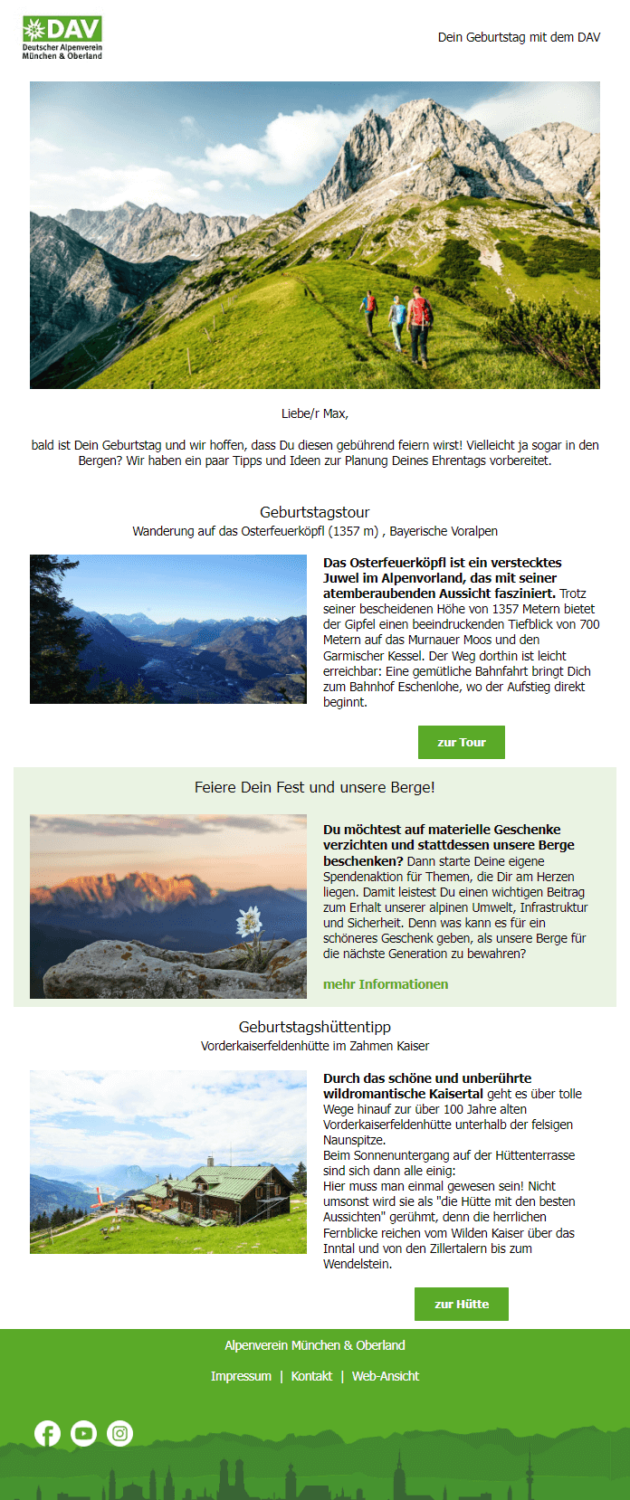 Beispiel für eine Geburtstags-E-Mail-Automation des Alpenvereins
