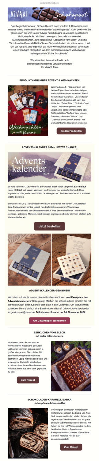 Weihnachtsmailing-Beispiel mit Adventsrezepten von Vivani