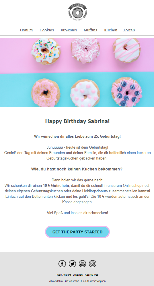 Beispiel personalisierte automatische Geburtstags-E-Mail für Kunden