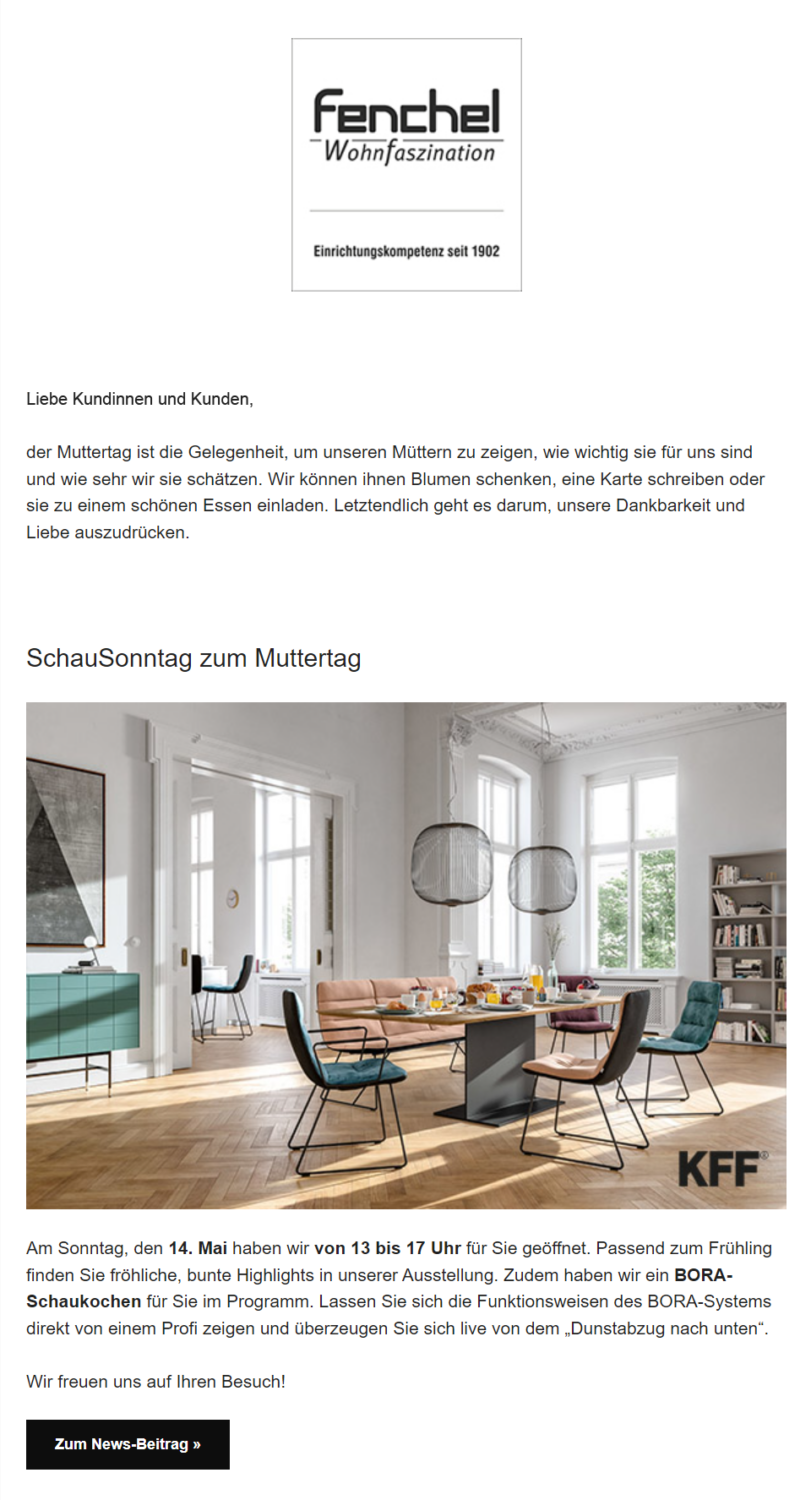 Muttertags-Newsletter eines Einrichtungshauses