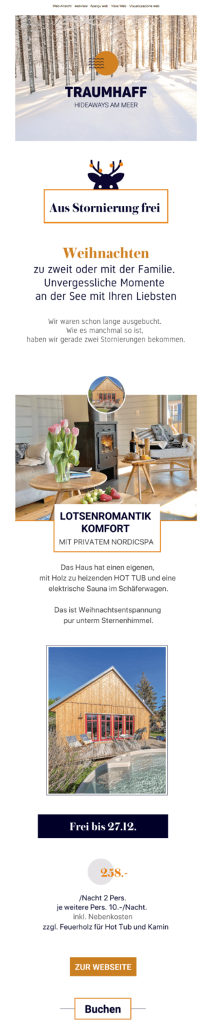 Weihnachtsemail-Beispiel mit Angeboten für Familienurlaub von traumhaff