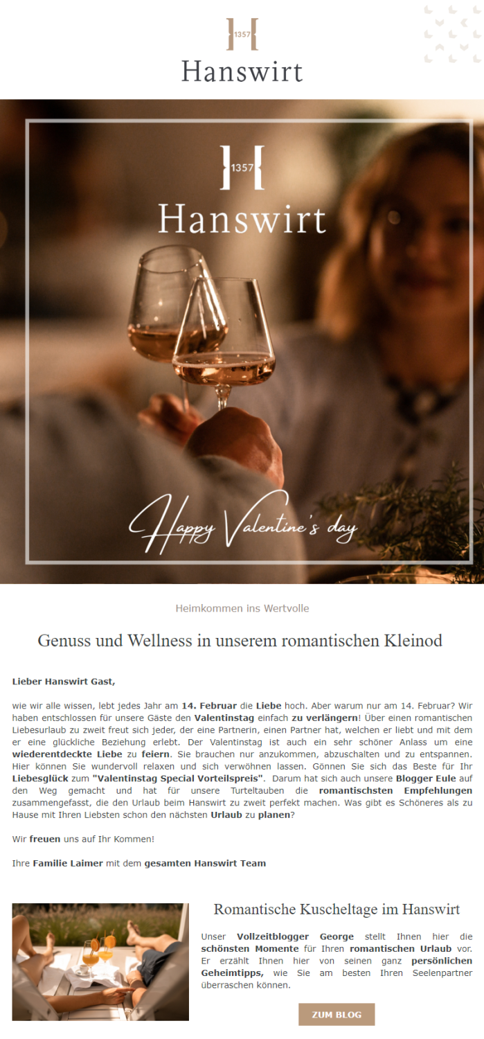 Newsletter-Beispiel Valentinstag Hanswirt
