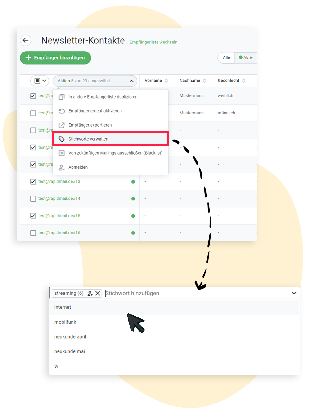 Einzelnen, markierten Kontakten Stichworte zuweisen