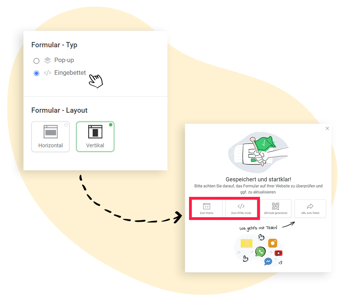 Formulartyp und -layouteinstellungen für ein eingebettetes Formular sowie Einbaucodes