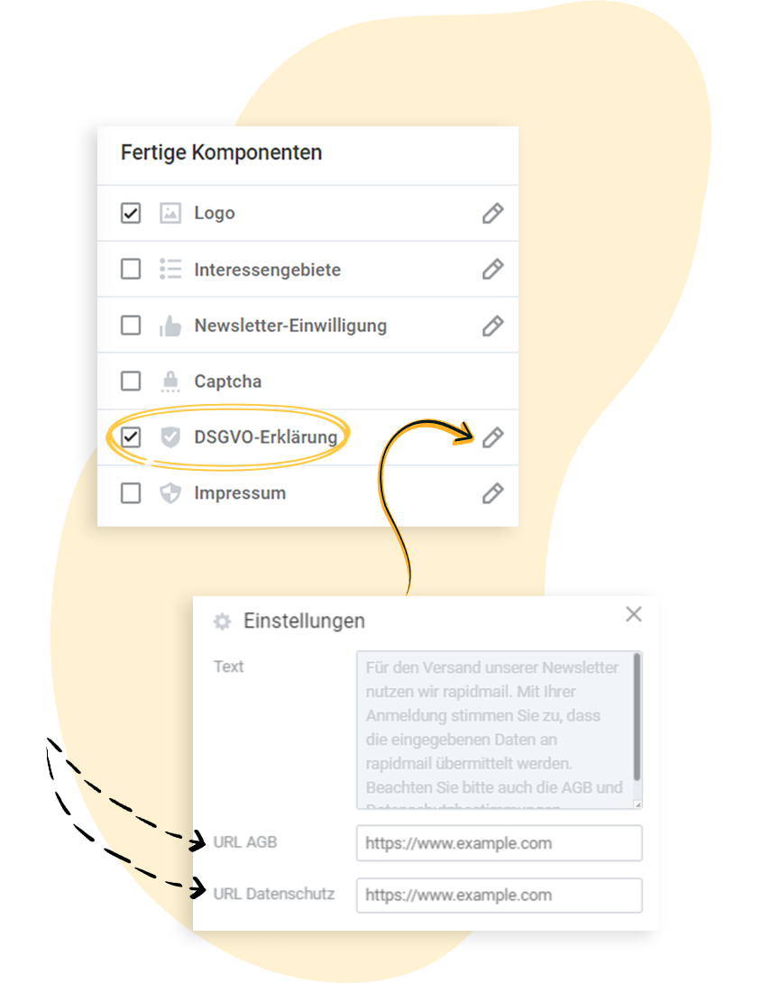 Bearbeitung der DSGVO-Erklärung unter Fertige Komponenten