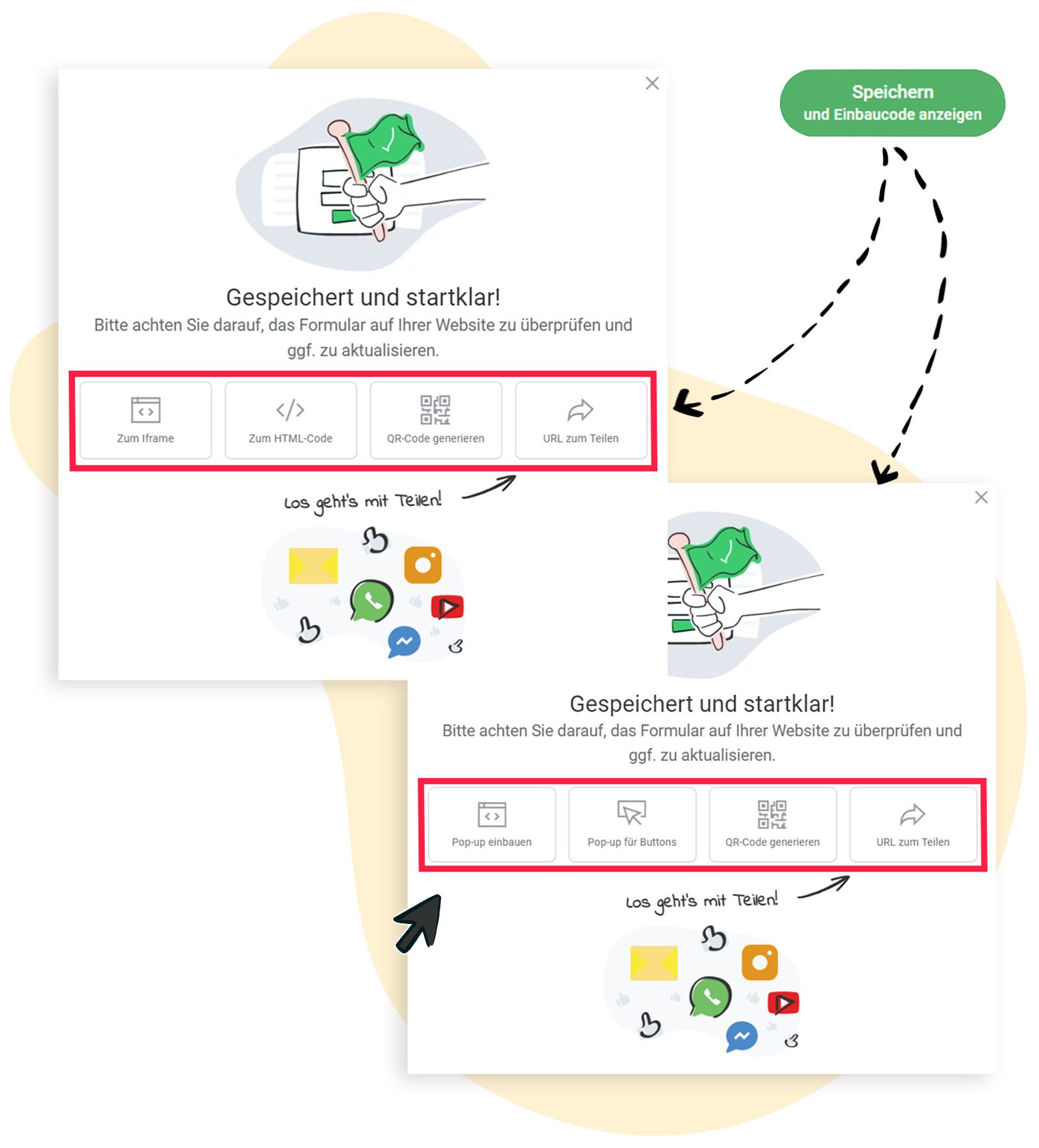 Nach dem Erstellen eines Formulars wird dieses gespeichert und die Möglichkeiten zum Einbauen auf der Webseite / digitalem Veröffentlichen werden präsentiert