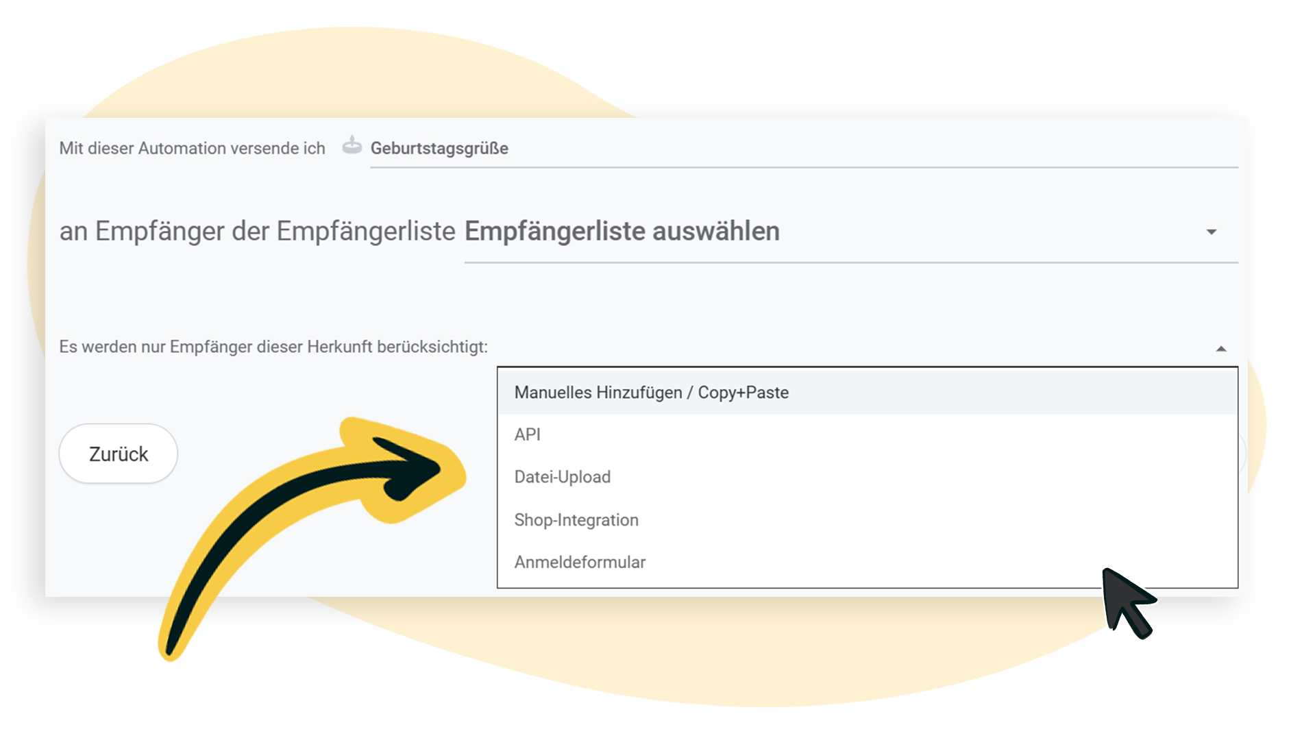 Empfängerherkunft für die Automation auswählen