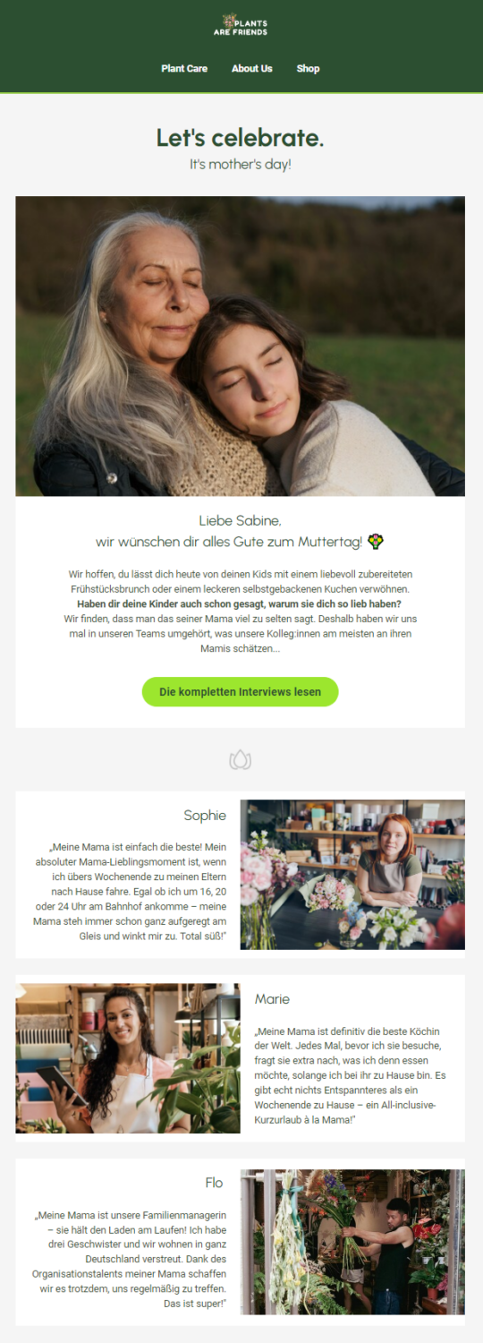 Muttertags-Newsletter mit Mutter und Tochter im Headerbild