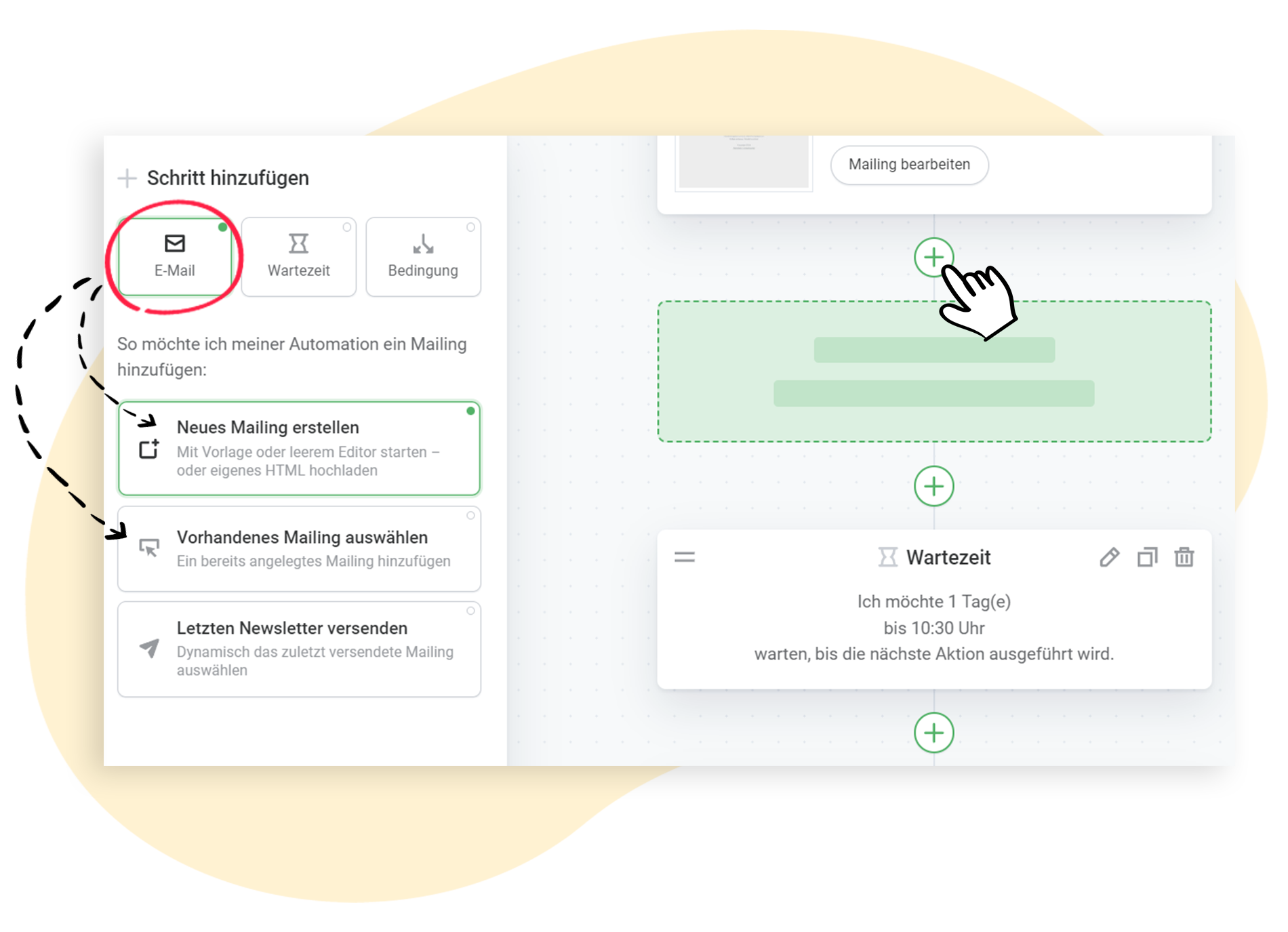 Schritt in der Automationsstrecke hinzufügen und z. B. ein neues Mailing einfügen