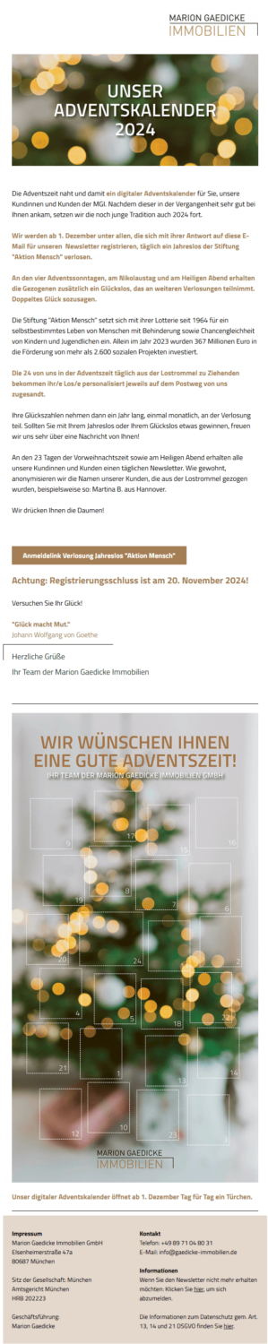 Gutes Weihnachtsmail-Beispiel in Form eines digitalen E-Mail-Adventskalenders von Gaedicke Immobilien